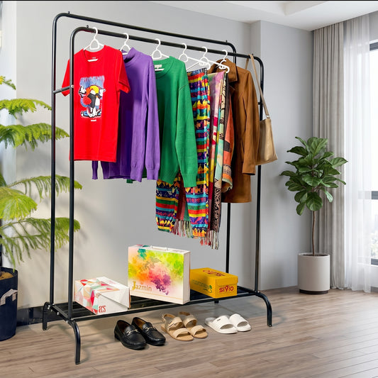 Double Pole Clothes Rack With Bottom Shoe Shelf