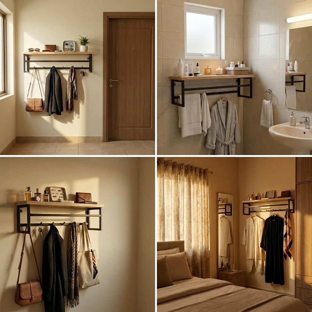 Wall-mounted clothes rack with shelf made of MDF lamination sheet and metal - with PVC edge