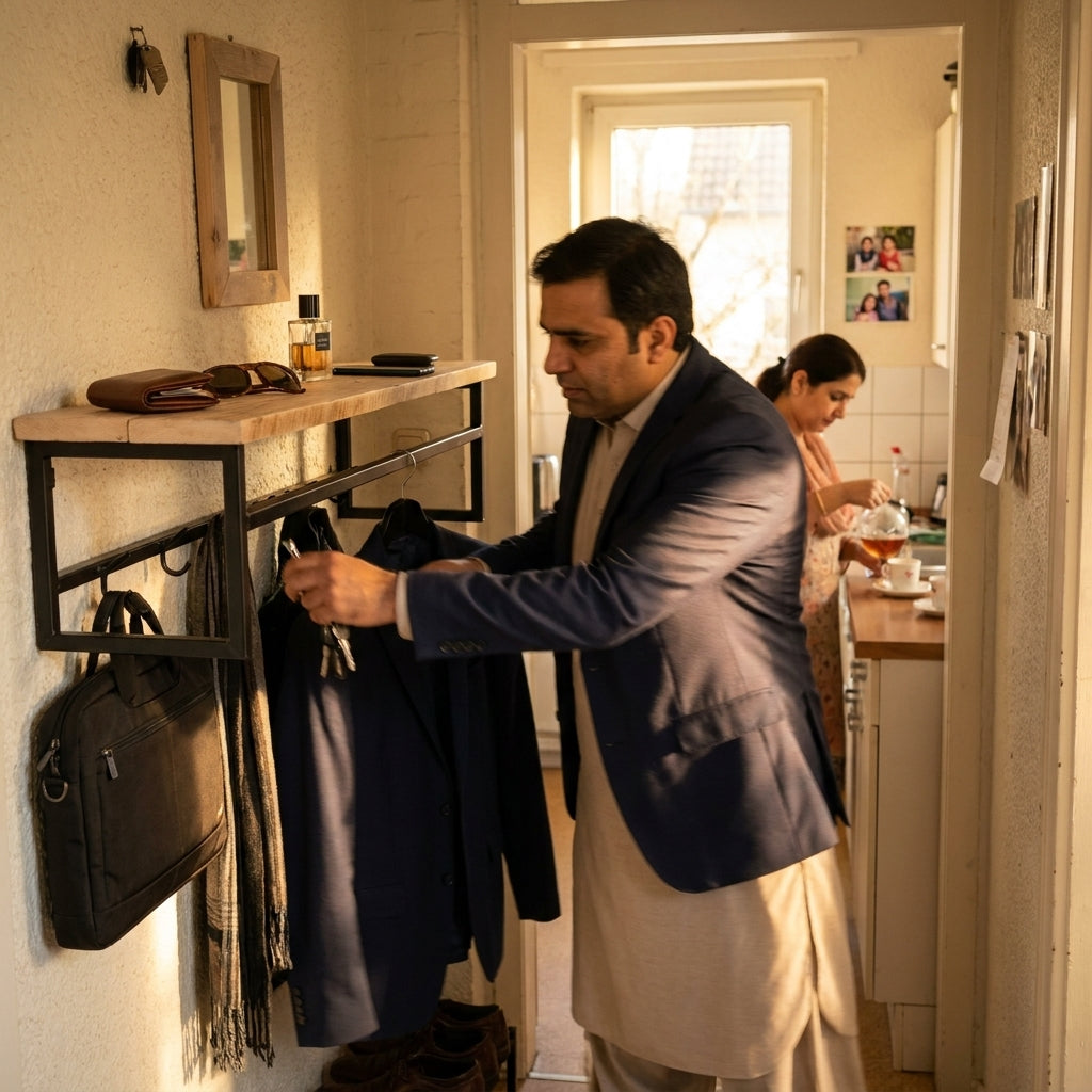 Wall-mounted clothes rack with shelf made of MDF lamination sheet and metal - with PVC edge