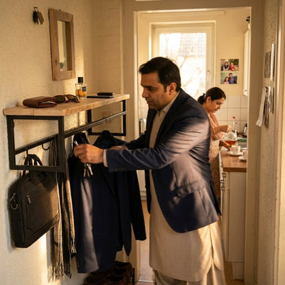 Wall-mounted clothes rack with shelf made of MDF lamination sheet and metal - with PVC edge
