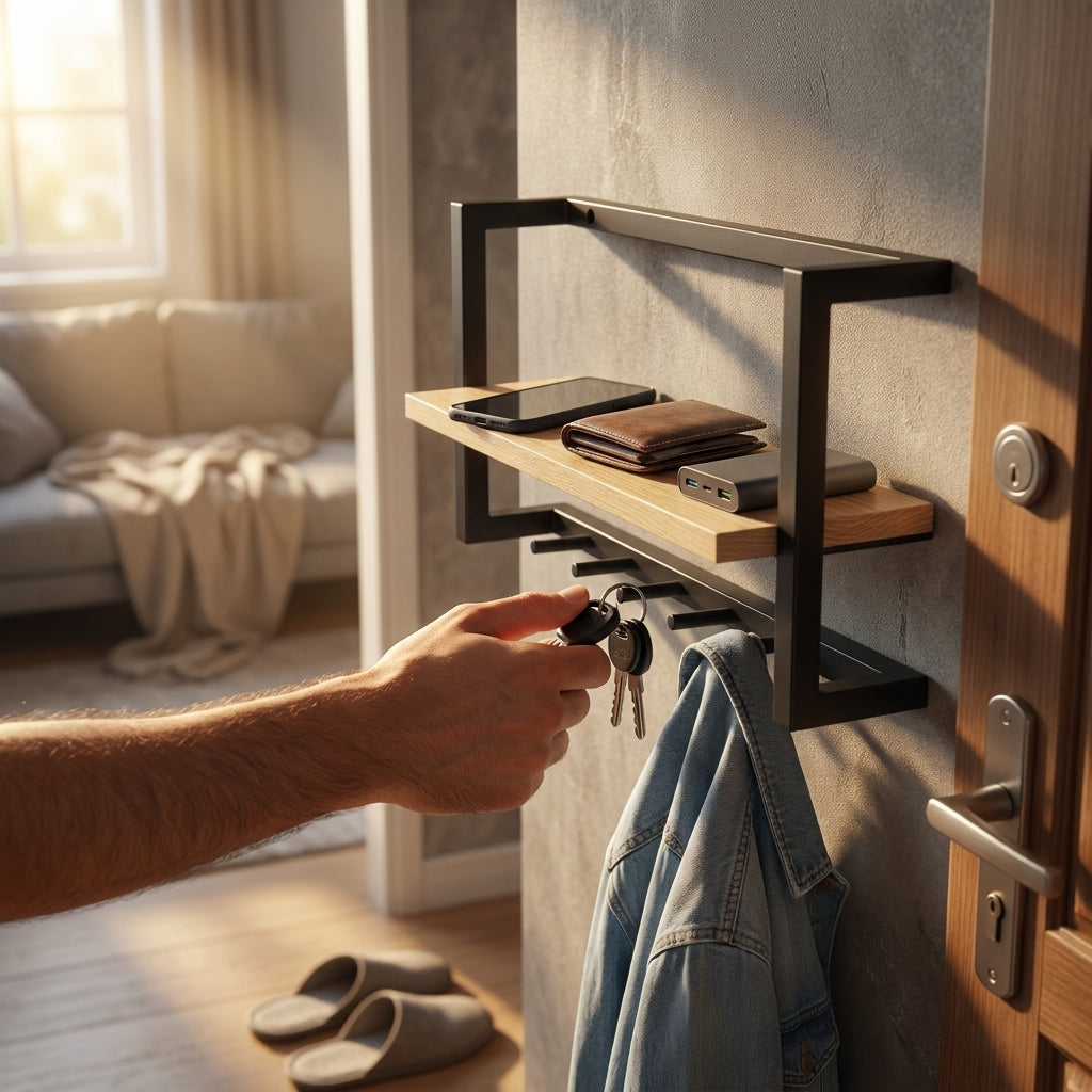 Minimal Wall Key Holder Shelf With Hooks