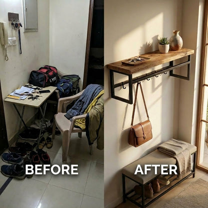 Wall-mounted clothes rack with shelf made of MDF lamination sheet and metal - with PVC edge