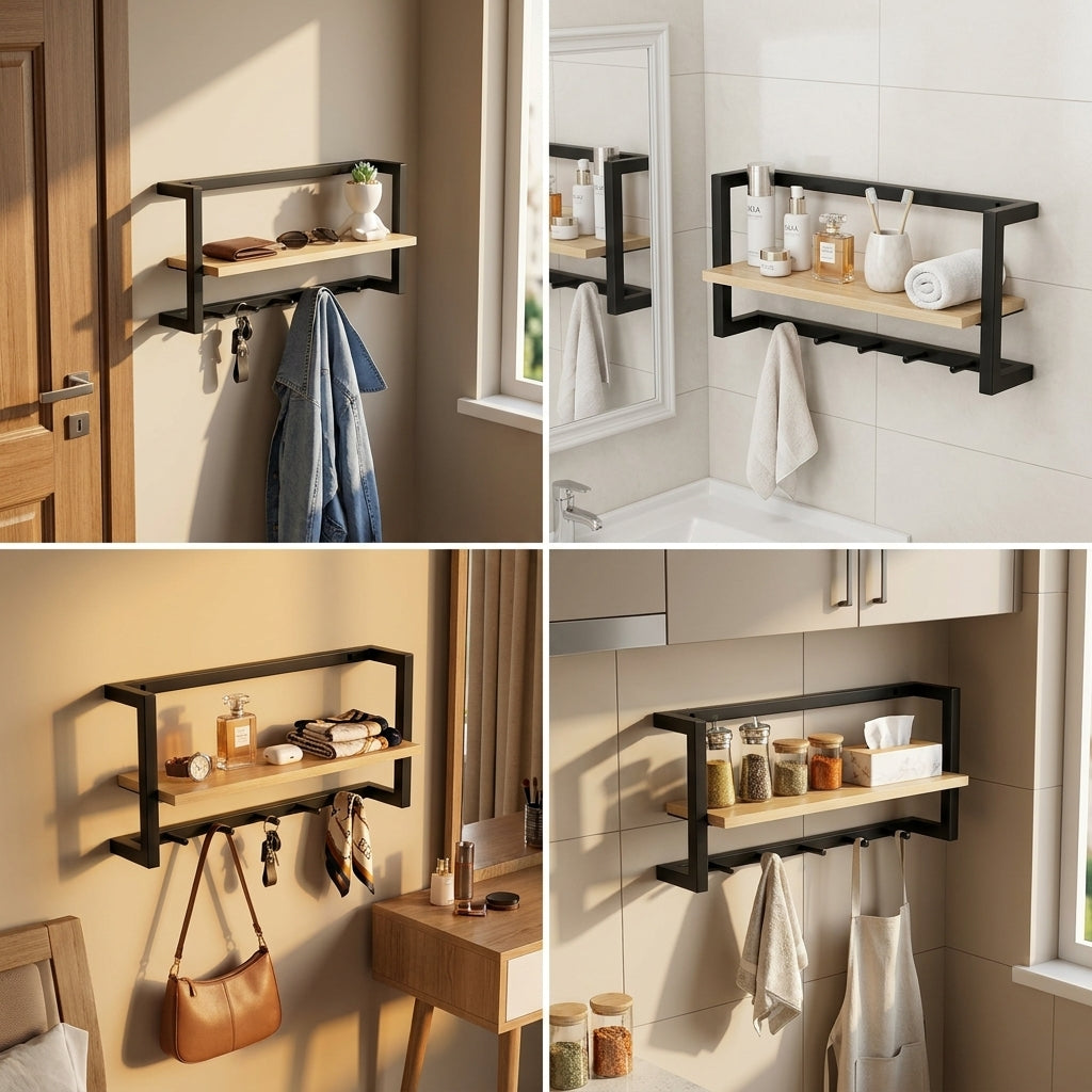 Minimal Wall Key Holder Shelf With Hooks