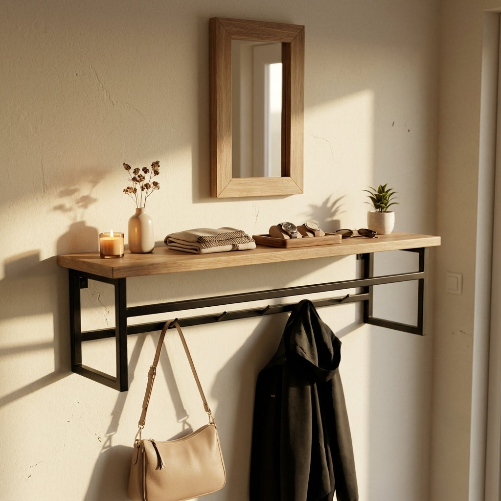 Wall-mounted clothes rack with shelf made of MDF lamination sheet and metal - with PVC edge